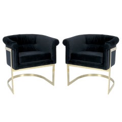 Pair of Brass Milo Baughman Lounge Chairs in Navy Velvet