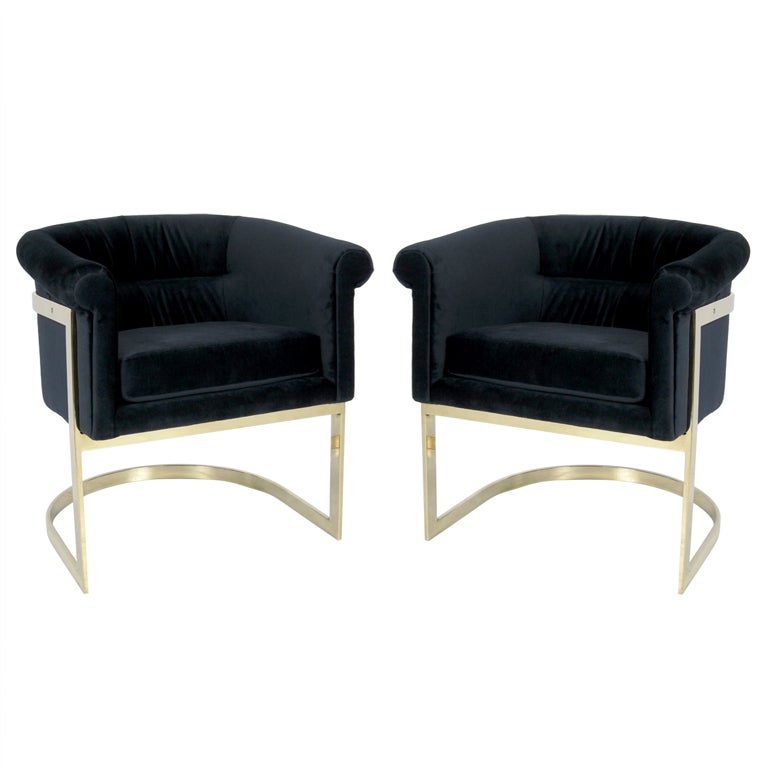 Pair of Brass Milo Baughman Lounge Chairs in Navy Velvet