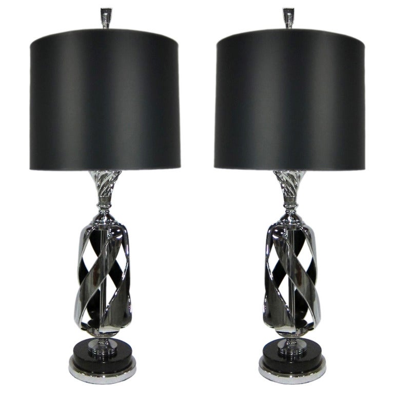 Pair of Nickel Plated Open Spiral Table Lamps For Sale