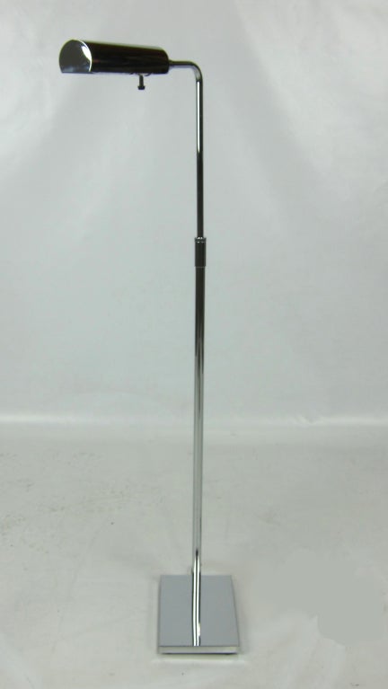 Fine Chrome Pharmacy Lamp by Koch & Lowy.  The lamp is height adjustable and swivel.  The shade is also four-way adjustable.
Base - 9.25 x 6.25 
Height- 36 to 48 tall
Projection 15.5
Shade- 2.25 x 8