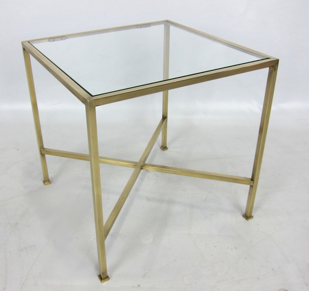 Brass Side Table with crossed stretchers and square feet in the style of Edward Wormley for Dunbar.  Could also be upholstered for use as a stool.