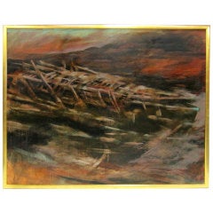 Vintage Large Scale Oil on Canvas "Burial Canoe" by Larry Thomas