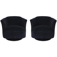 Pair of Navy Blue Velvet Swivel Club Chairs