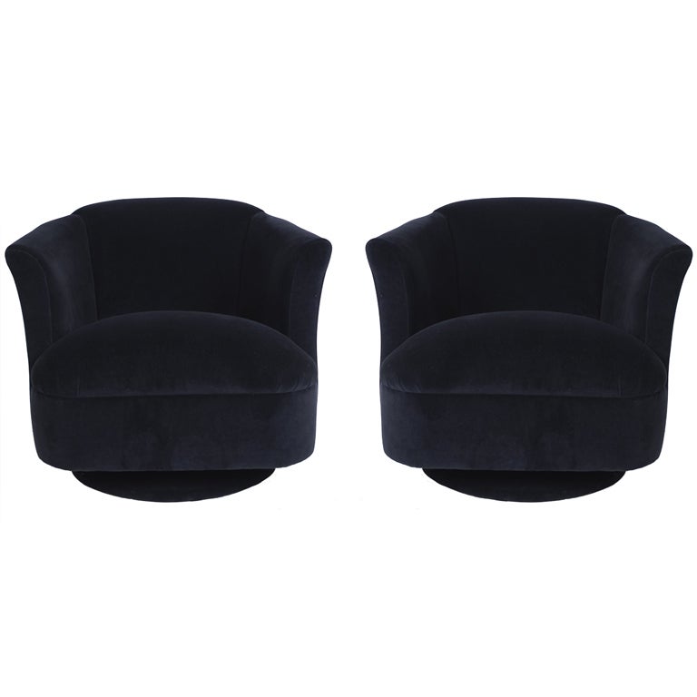 Pair of Navy Blue Velvet Swivel Club Chairs