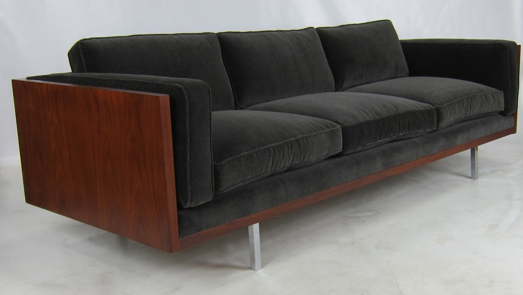Vibrantly grained Walnut Case Sofa by Milo Baughman for Thayer Coggin.  The sofa has been completely restored; refinished and reupholstered in luxurious Charcoal Grey velvet.  Please see our complete inventory at www.antiquesdumonde.1stdibs.com.