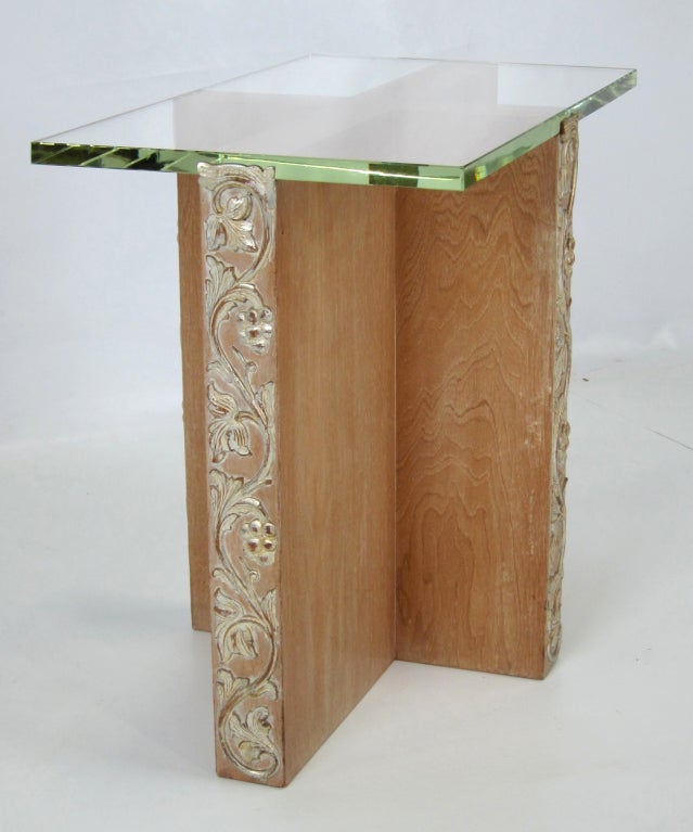 Early Modernist Cerused Oak Cruciform Side Table with Silver Gilt Foliate carving and green glass top.  This table, along with its companion Coffee Table came from the Albert Farr designed Sea Cliff home of Felix Kahn of MacDonald & Kahn, builders
