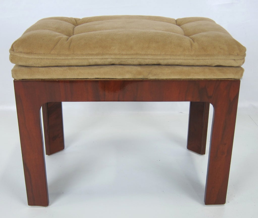 Gorgeous Mod Stool clad in highly figured Walnut veneer finished in French Polished Lacquer.
