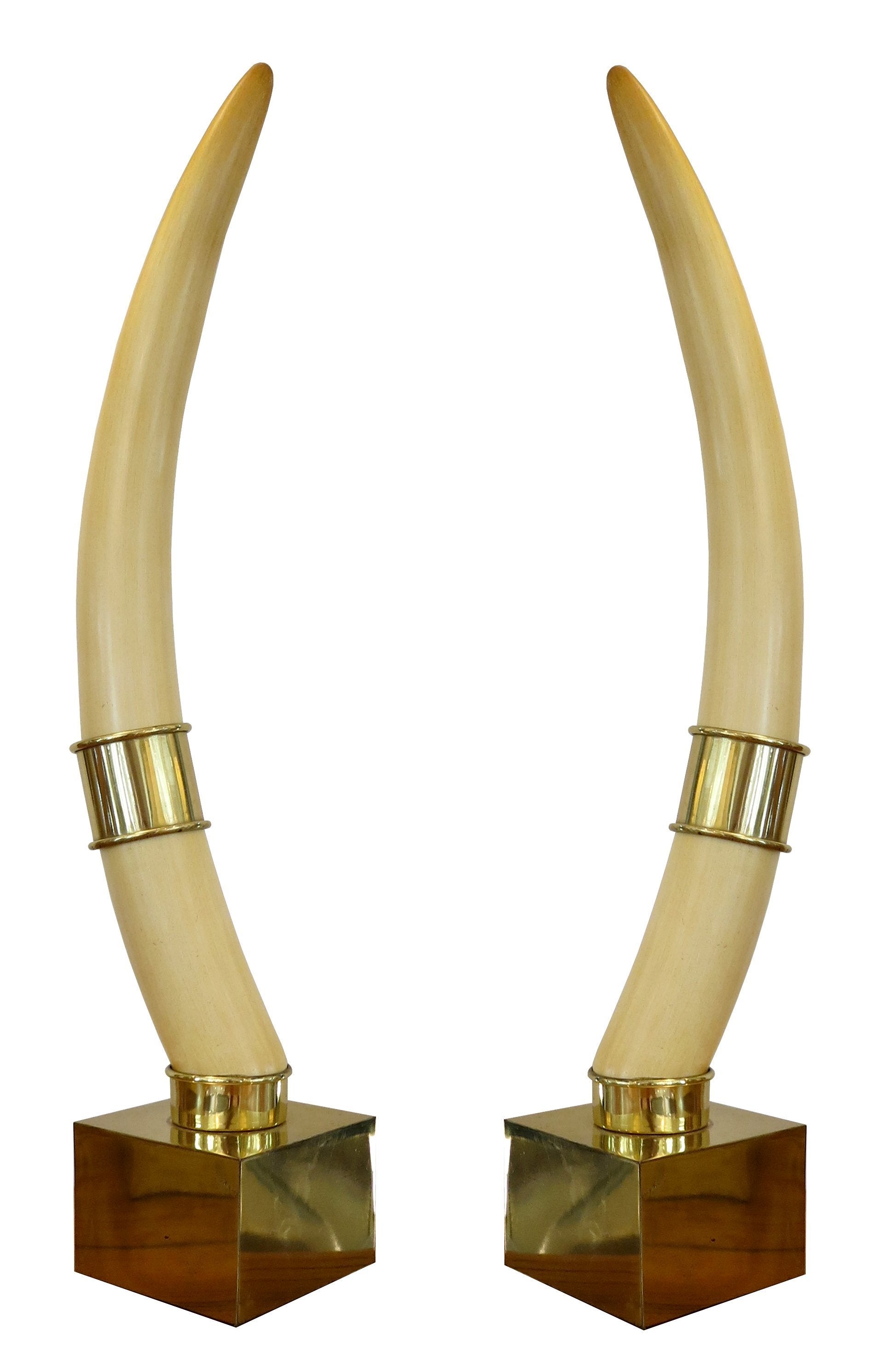 Pair of Faux Ivory Tusks on Brass Plinths by Chapman