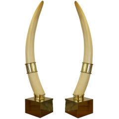 Pair of Faux Ivory Tusks on Brass Plinths by Chapman