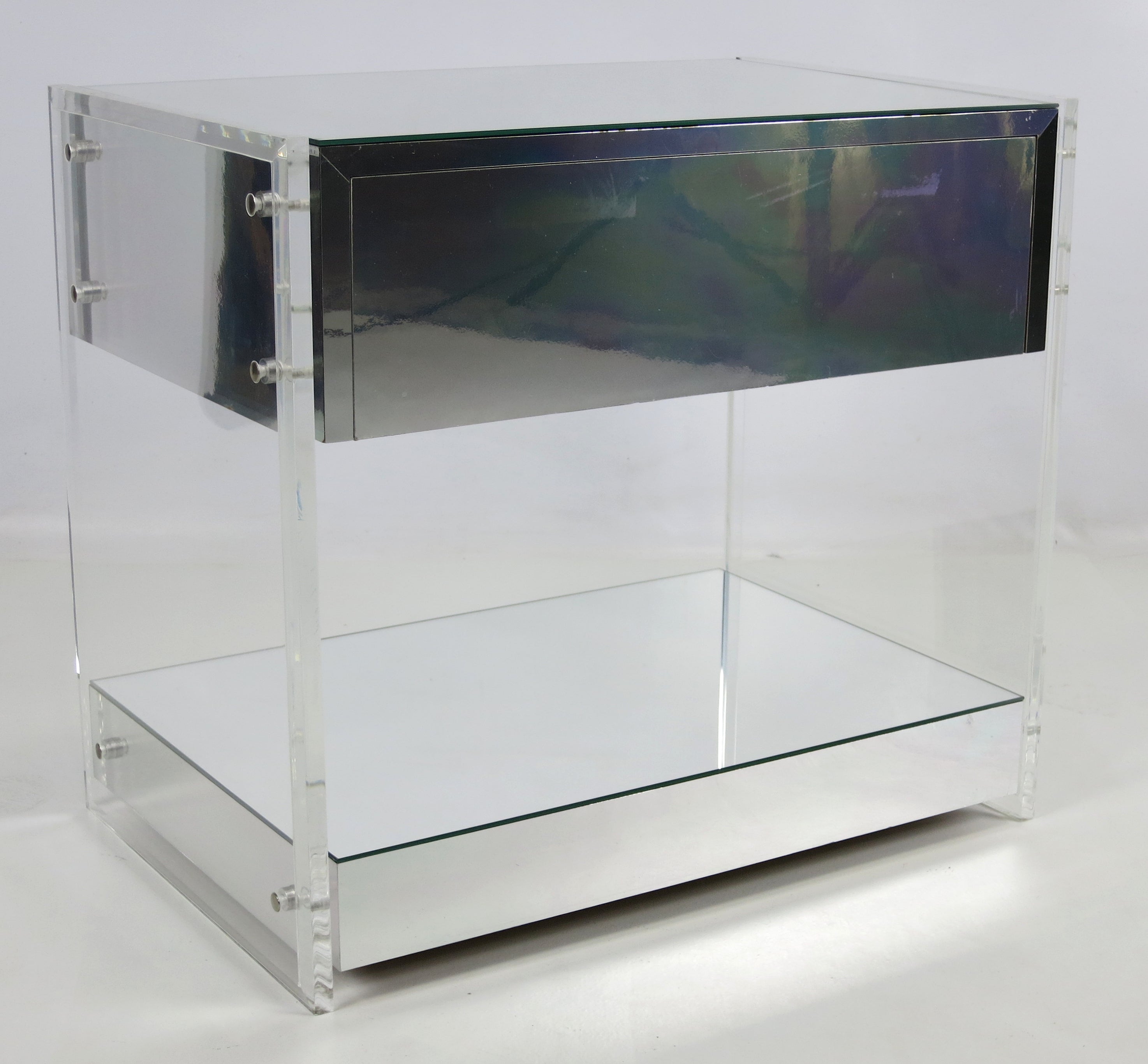Pair of 70's Lucite, Chrome, and Mirror Nightstands