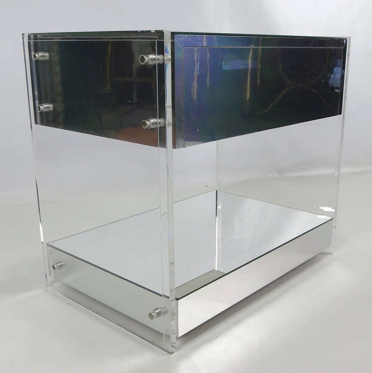 Modern Pair of 70's Lucite, Chrome, and Mirror Nightstands