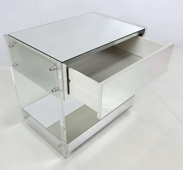 American Pair of 70's Lucite, Chrome, and Mirror Nightstands