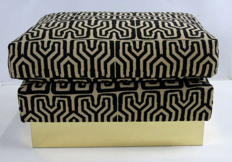 Modern Pair of Tribal Upholstery Ottomans with Brass Bases