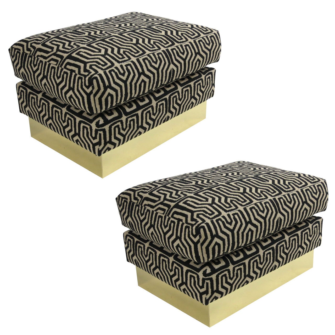 Pair of Tribal Upholstery Ottomans with Brass Bases