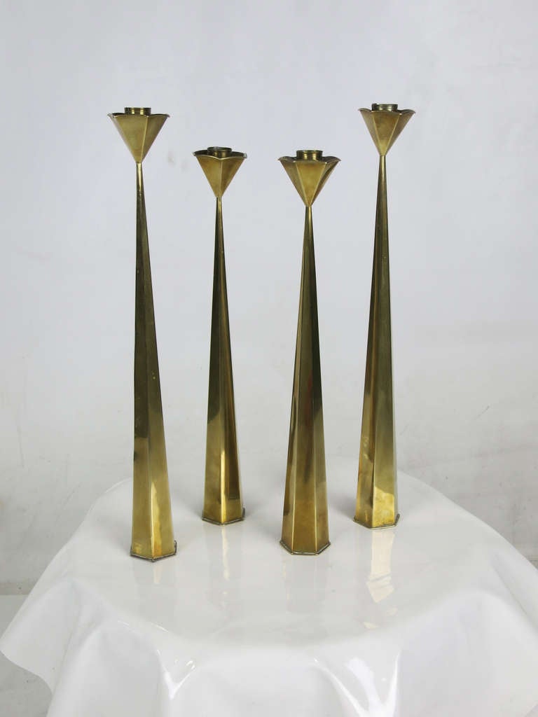 Set of Modernist Mexican Brass Candlesticks In Excellent Condition In Danville, CA