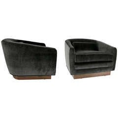 Pair of Velvet Barrel Chairs with Walnut Plinth Bases