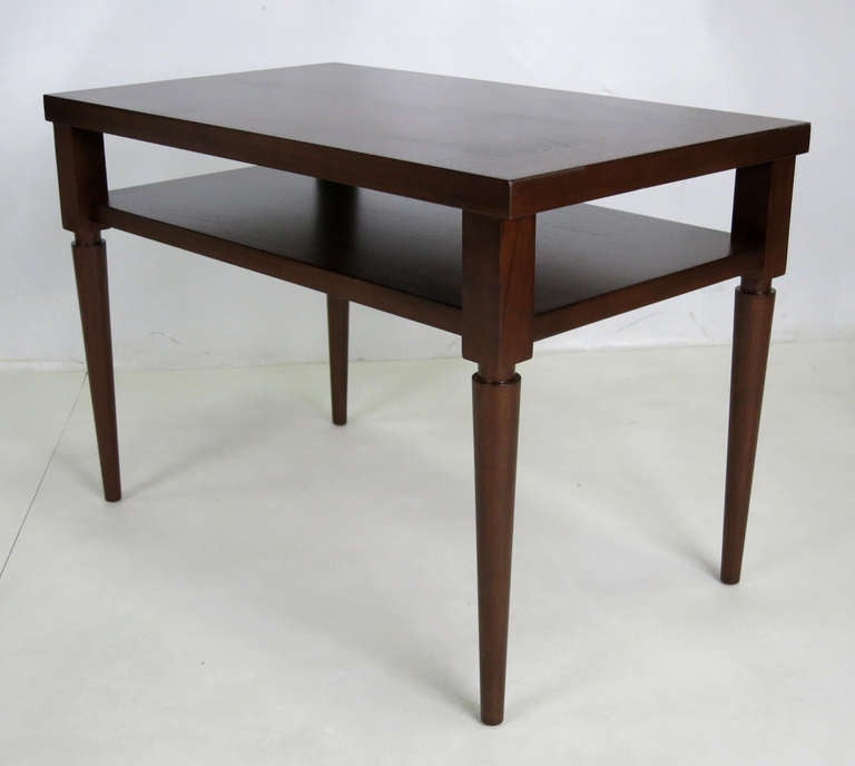 Seldom seen pair of Neoclassical Modern End Tables with inlaid veneer tops by Robsjohn-Gibbings for Widdicomb.  The pair have been meticulously refinished in Medium Brown Lacquer.