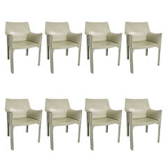 Vintage Set of Eight Ivory 413 Cab Armchairs by Mario Bellini for Cassina