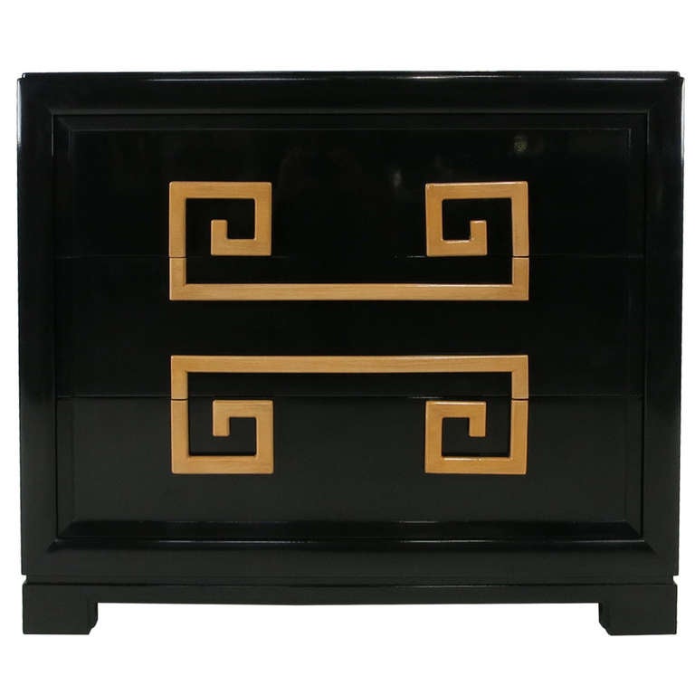 Pair of Mandarin Collection Chests by Kittinger.  The pair have been refinished in French Polished black Lacquer with glazed wood pulls.