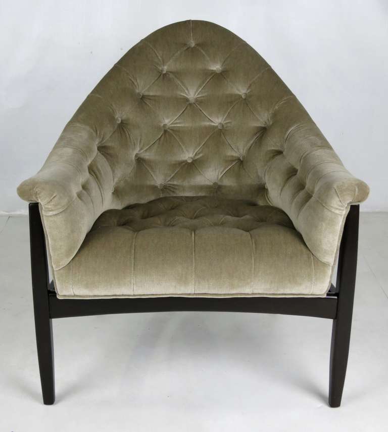 Rare tufted velvet Lounge Chair with exterior mounted Mahogany frame by Milo Baughman for Thayer Coggin.  The frame has been refinished and reupholstered in luxurious heavyweight Ecru velvet