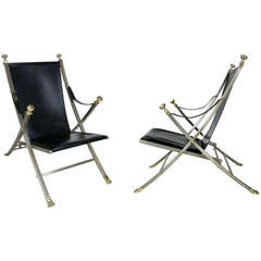 Pair of Steel and Brass Campaign Chairs by Maison Jansen