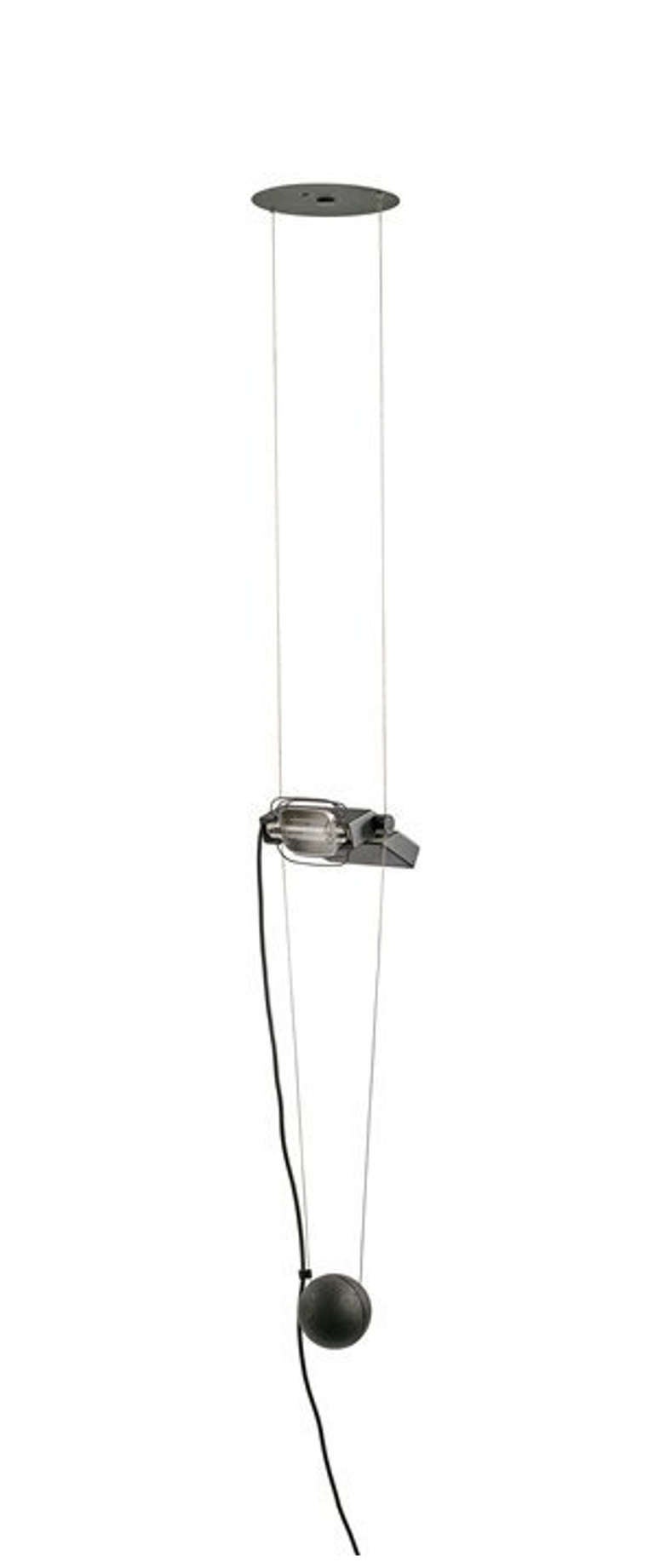 Pair of Ceiling Mounted Abolla Suspension Lamps by Artemide.  The lamps can be suspended from any height ceiling to floor, weighted with a enameled iron sphere.  They swivel and articulate to virtually any position and have a slide dimmer on the