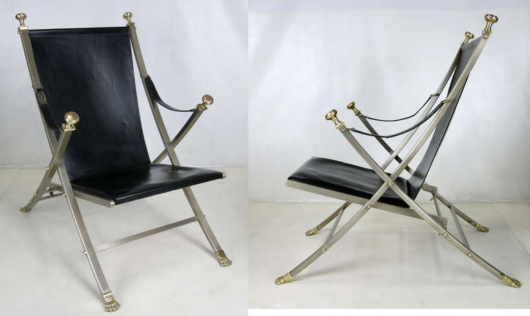 Pair of Steel and Brass Campaign Chairs by Maison Jansen