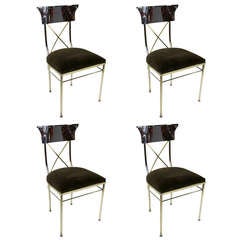 Set of Four Polished Nickel & Brass Regency Style Dining Chairs