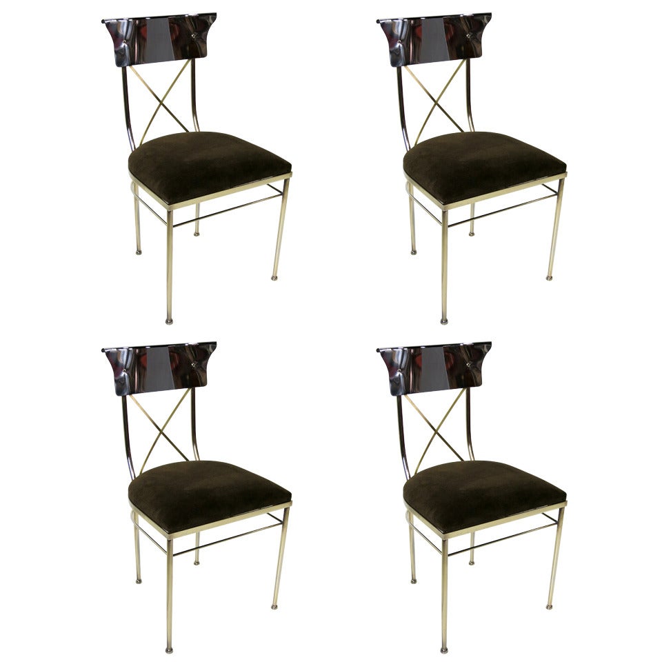 Set of Four Polished Nickel & Brass Regency Style Dining Chairs For Sale