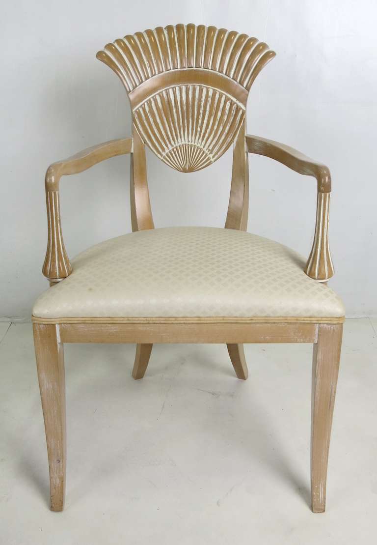 Set of Six Saber legged chairs with carved Palm Fan backs.  Four side chairs and two arm chairs.