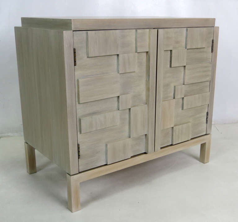 Pair of Mosaic front Brutalist style Nightstands with Glaze finish by Lane, edited by Antiques du Monde.  The cabinets are raised on wooden bases.  Single recessed shelf in each cabinet.
