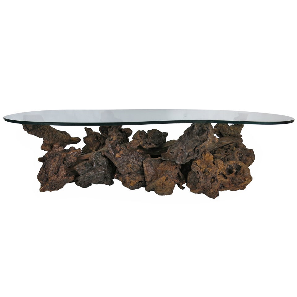 Driftwood Base Coffee Table with Freeform Glass Top