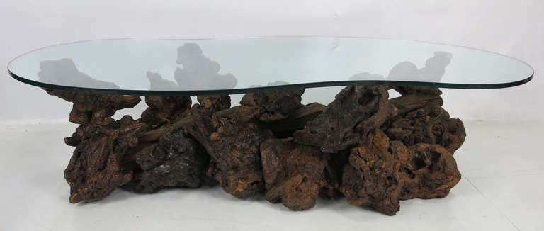 Modern Driftwood Base Coffee Table with Freeform Glass Top