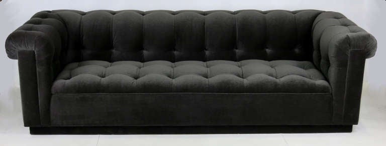 Custom Chesterfield Sofa by Dunbar for Gumps-San Francisco.  The sofa has been completely restored from the ground up with new webbing, the springs have all been re-tied, and reupholstered in luxurious heavyweight Charcoal Grey velvet.