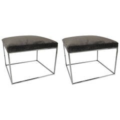 Pair of Milo Baughman Thinline Chrome Ottomans