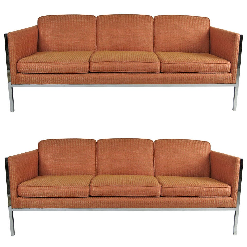 Sleek Pair of Modernist Chrome Framed Sofas