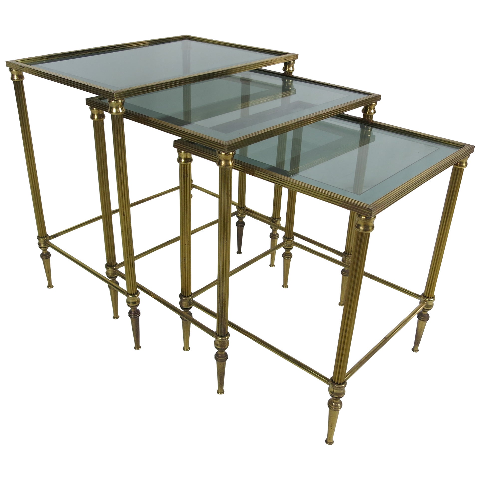 Set of Italian Brass Nesting Tables with Mirror Bordered Tops