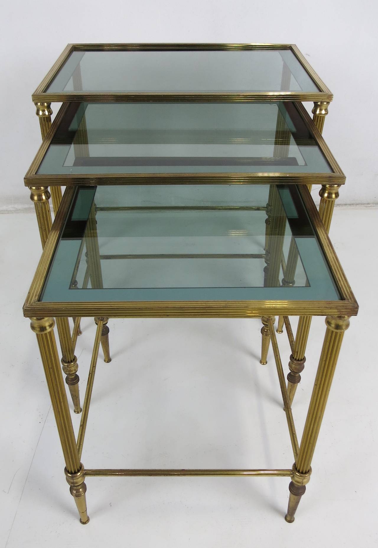 Regency Set of Italian Brass Nesting Tables with Mirror Bordered Tops