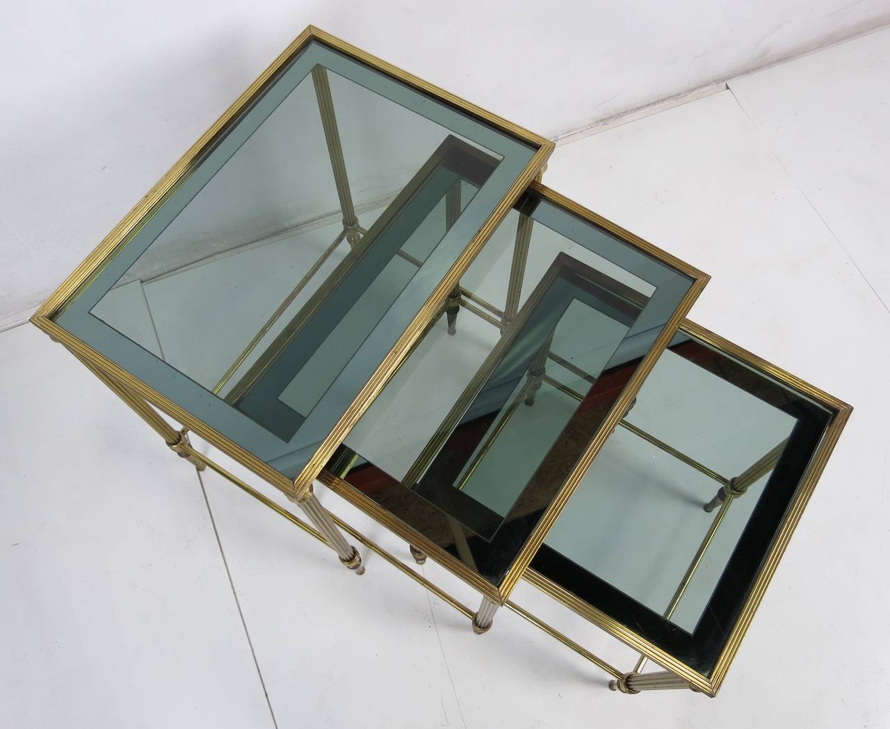 French Set of Italian Brass Nesting Tables with Mirror Bordered Tops