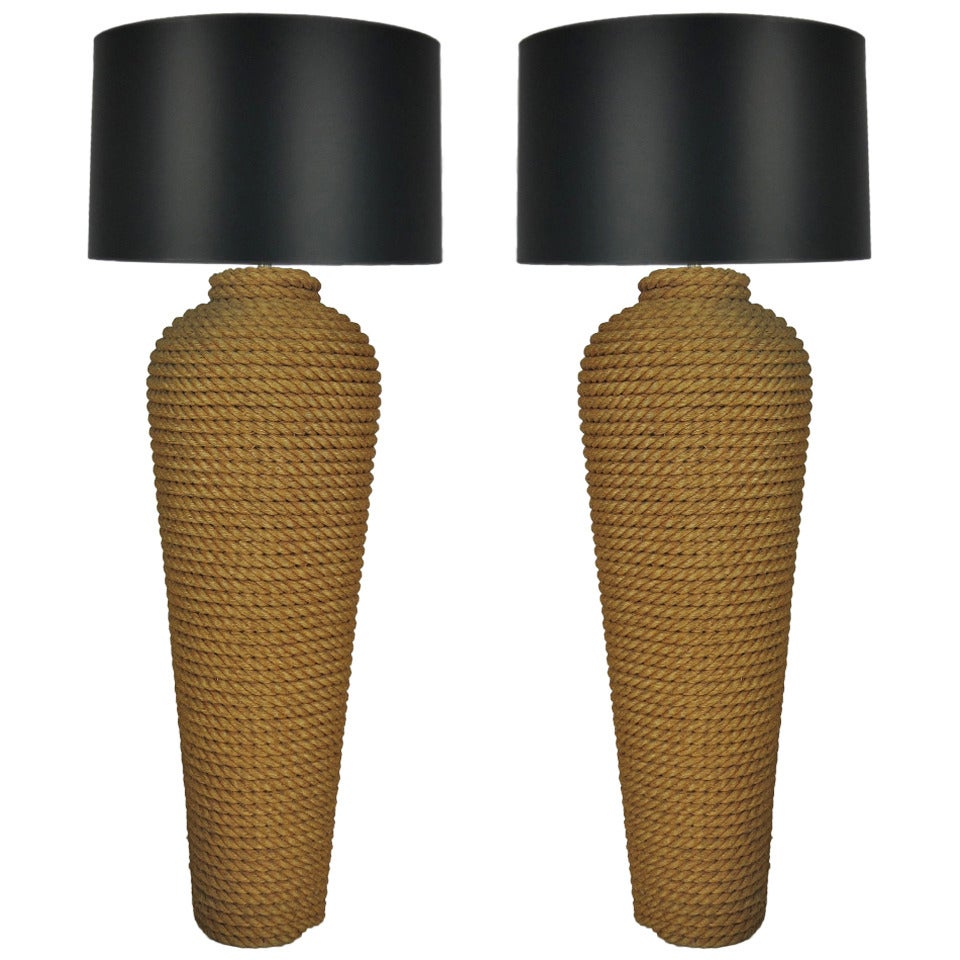 Monumental Pair of Coiled Rope Floor Lamps