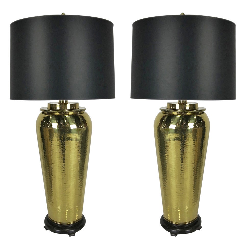 Pair of Hammered Brass Urn Form Lamps by Paul Hanson