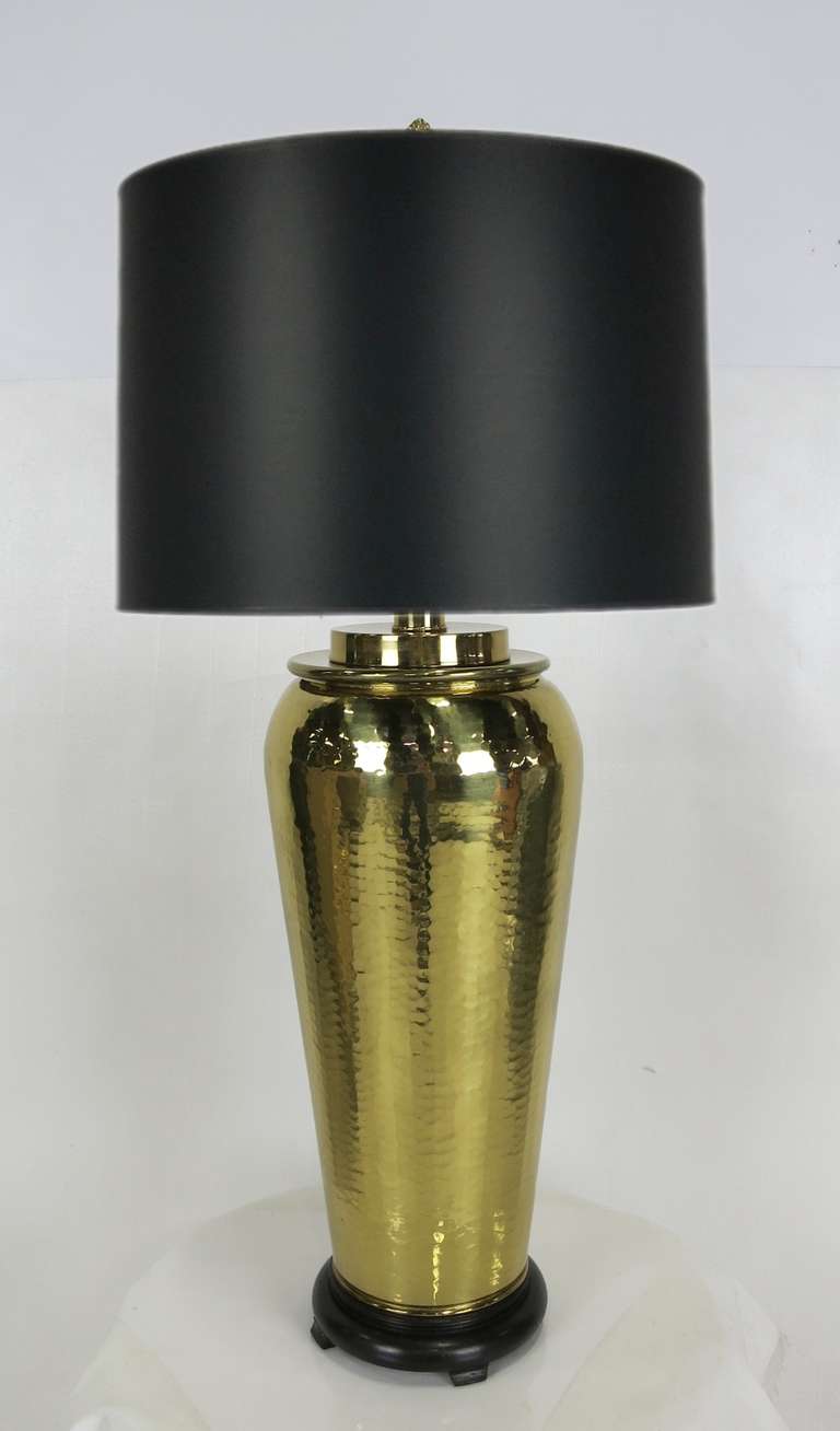 Pair of Hand Hammered Brass Table Lamps by the renowned Paul Hanson Lighting of New York.  These large scale and beautifully constructed.  Shades are for display only and are not included with lamps. 