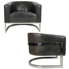 Pair of Large Scale Leather Lounge Chairs by Milo Baughman