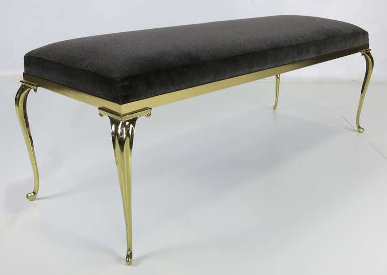 Wonderful Brass Bench with inset Cushion upholstered in luxurious Charcoal Grey Mohair.  
Please call or use the 