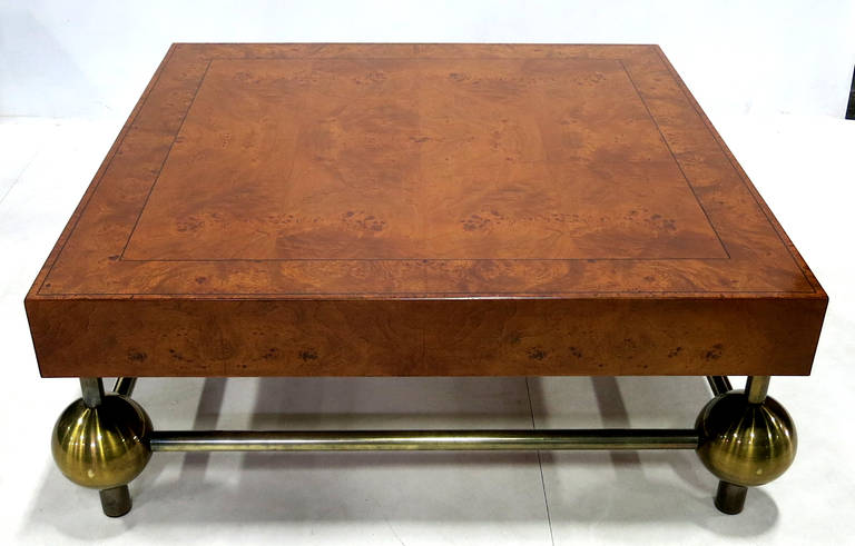 Burl Top Coffee Table with Brass Base In Excellent Condition In Danville, CA