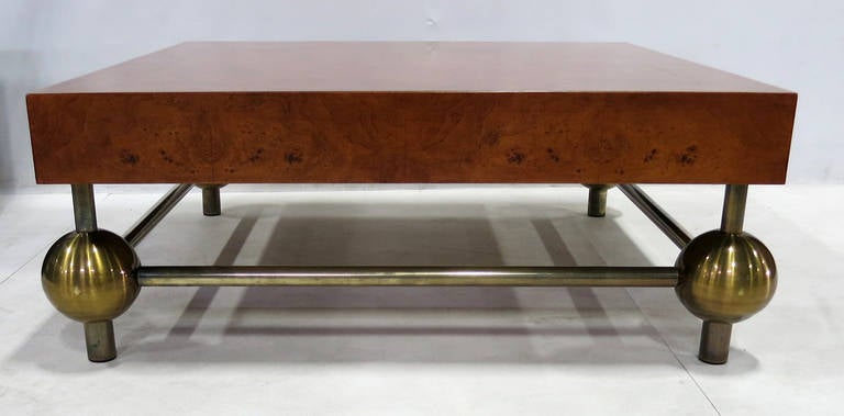 Modern Burl Top Coffee Table with Brass Base