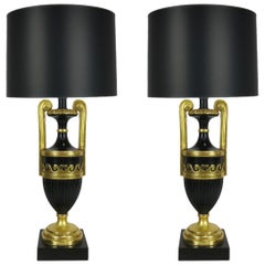 Pair of Neoclassical Ebony and Giltwood Table Lamps by Marbro