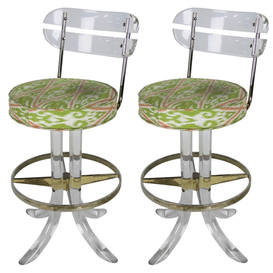 Pair of Lucite and Brass Counter Stools by Hill Mfg..