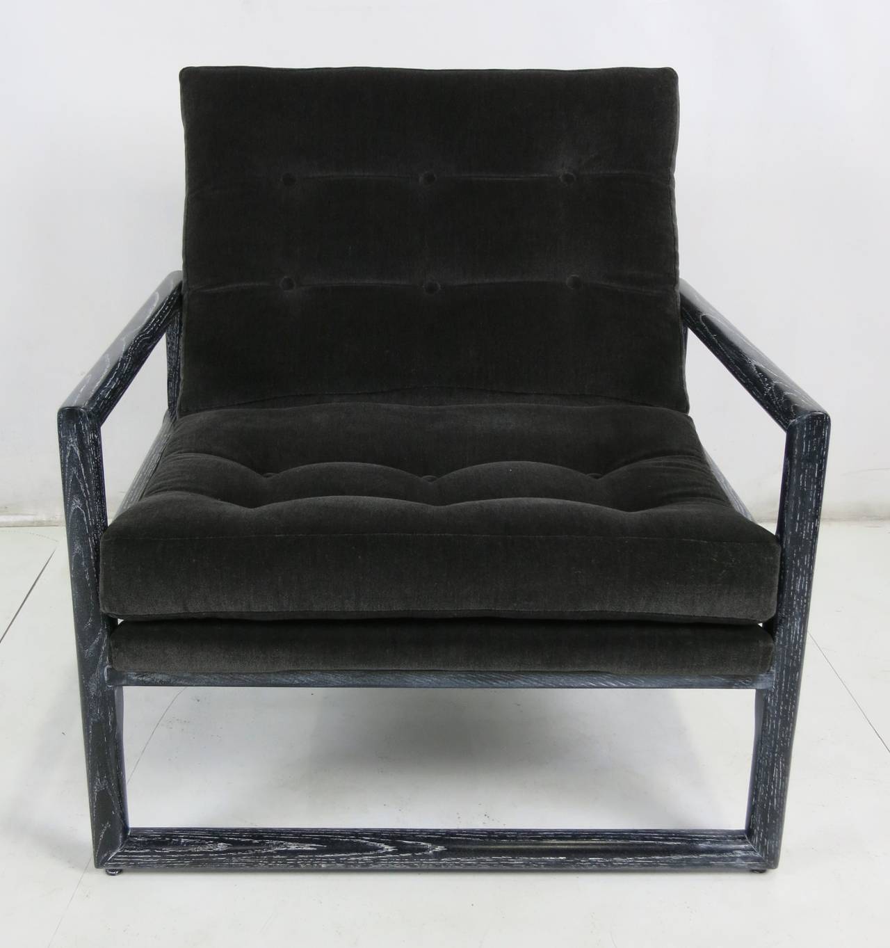 Meticulously restored oak frame scoop chairs. The frames have been reglued and refinished and the seats have been freshly upholstered in heavy weight charcoal grey velvet.