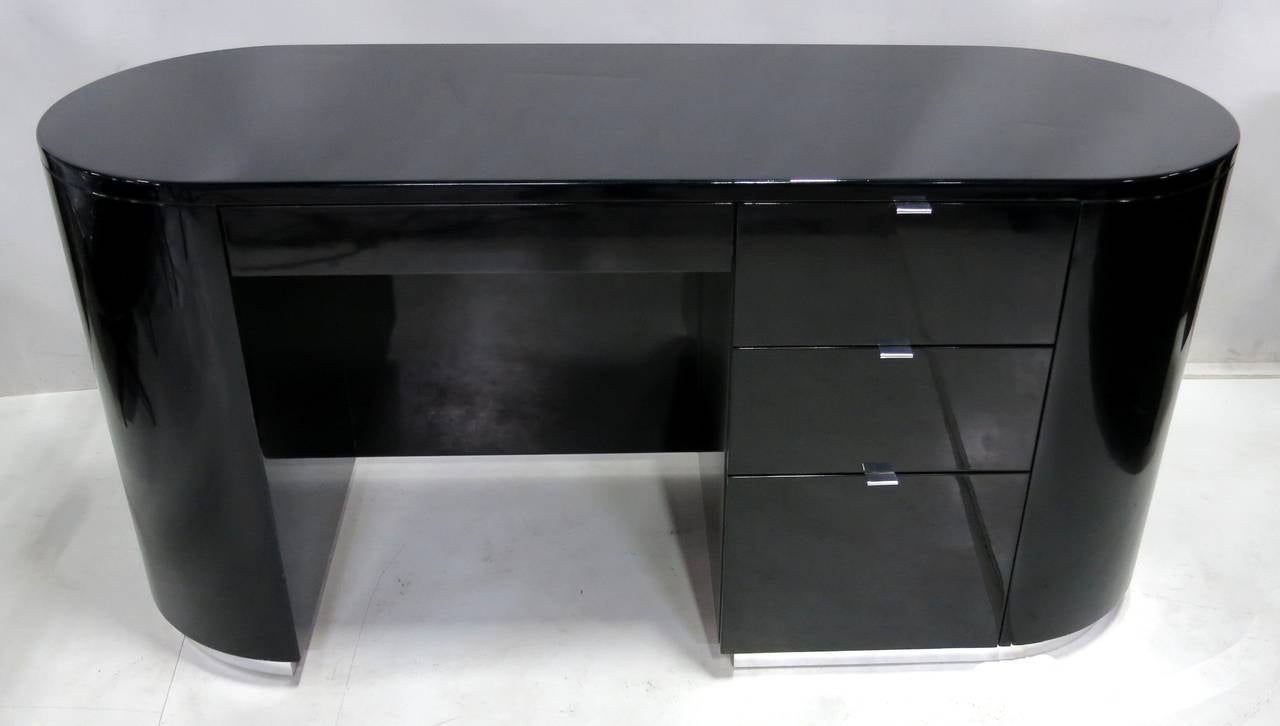 Gloss Lacquer Oval Writing Desk With Chrome Hardware And Trim